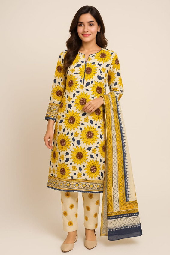 Woman wearing a yellow and white floral patterned outfit with a beige background